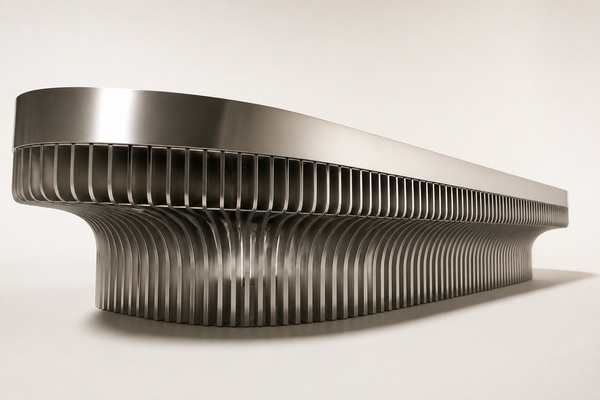 Aero Rib Stainless Steel Bench, three-quarter studio view showing its profile