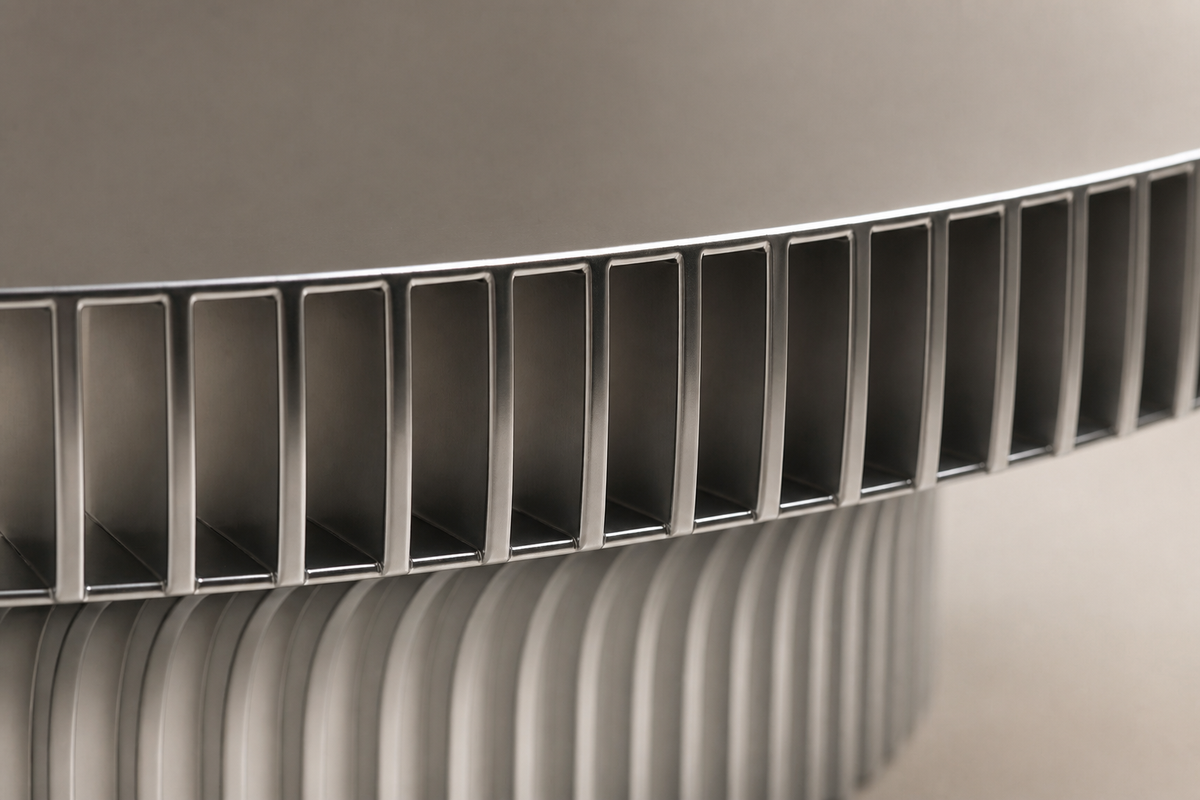 Aero Rib Stainless Steel Bench, close studio detail of the surface and material