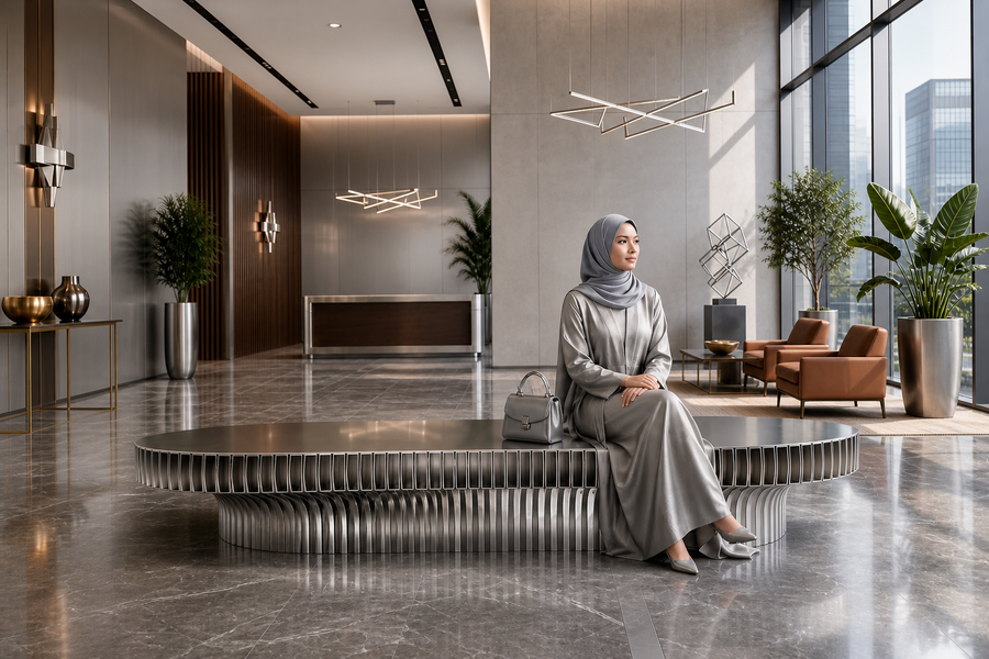 Aero Rib Stainless Steel Bench, shown in a room setting, at full scale