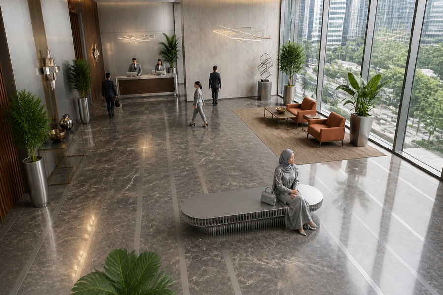 Aero Rib Stainless Steel Bench, overhead view in a room setting