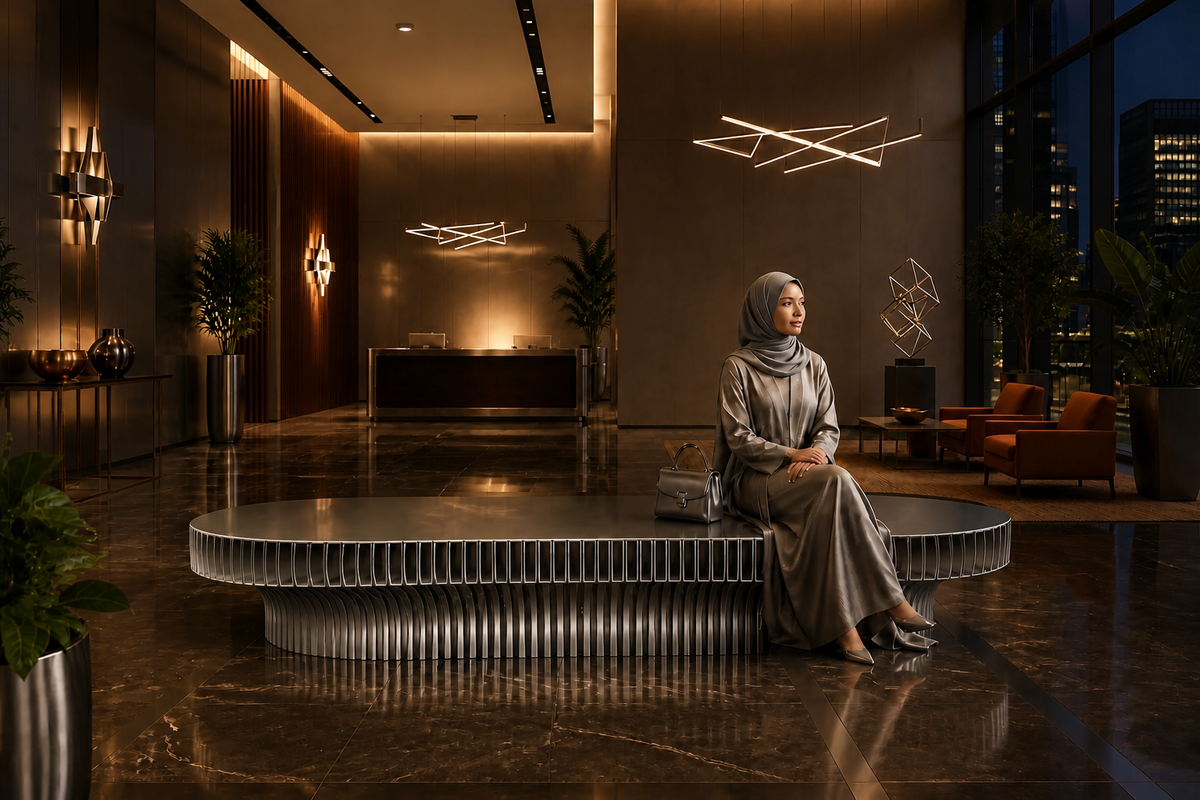 Aero Rib Stainless Steel Bench, in a room setting under evening light