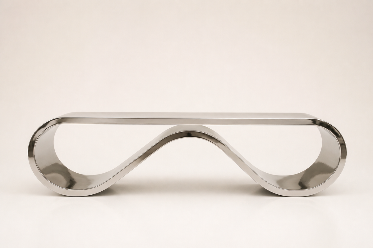 AeroLoop Bench — Ribbon-Form Mirror Stainless Steel Sculpture Bench, studio view of the whole piece