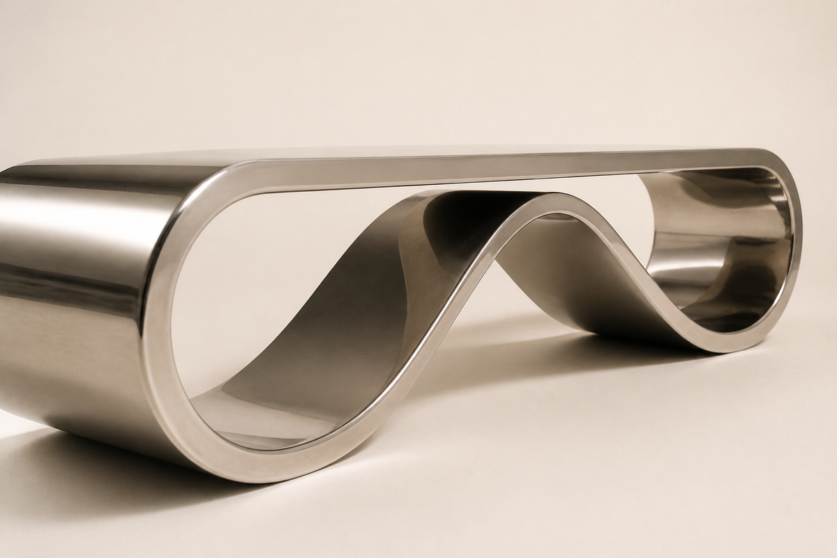AeroLoop Bench — Ribbon-Form Mirror Stainless Steel Sculpture Bench, three-quarter studio view showing its profile