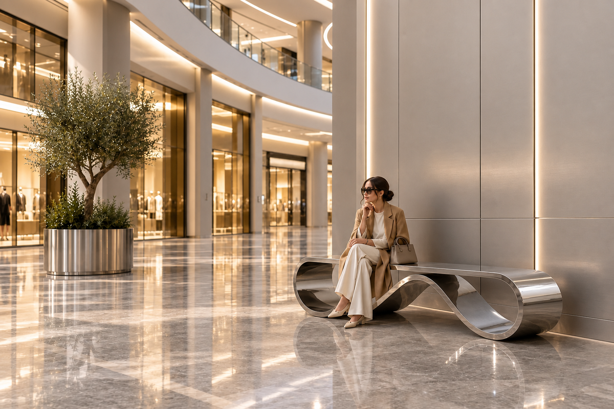 AeroLoop Bench — Ribbon-Form Mirror Stainless Steel Sculpture Bench, shown in a room setting, at full scale