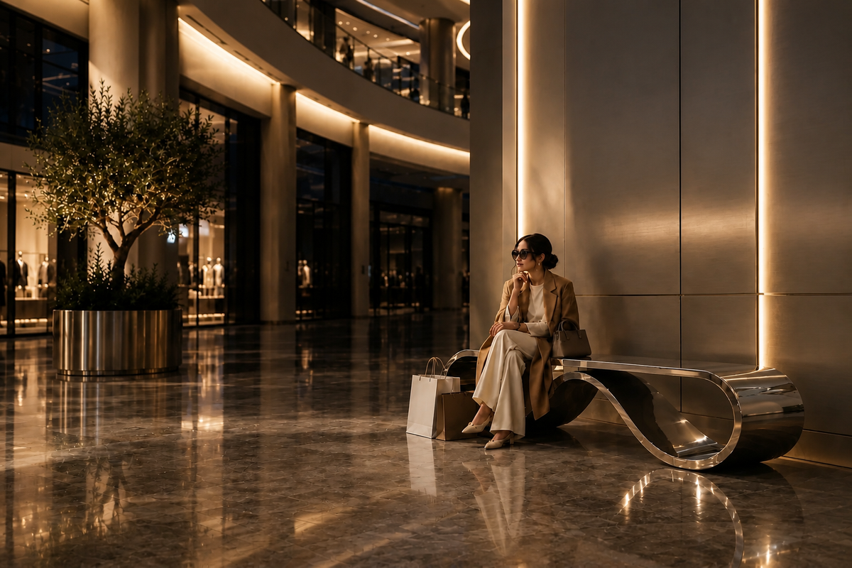 AeroLoop Bench — Ribbon-Form Mirror Stainless Steel Sculpture Bench, in a room setting under evening light