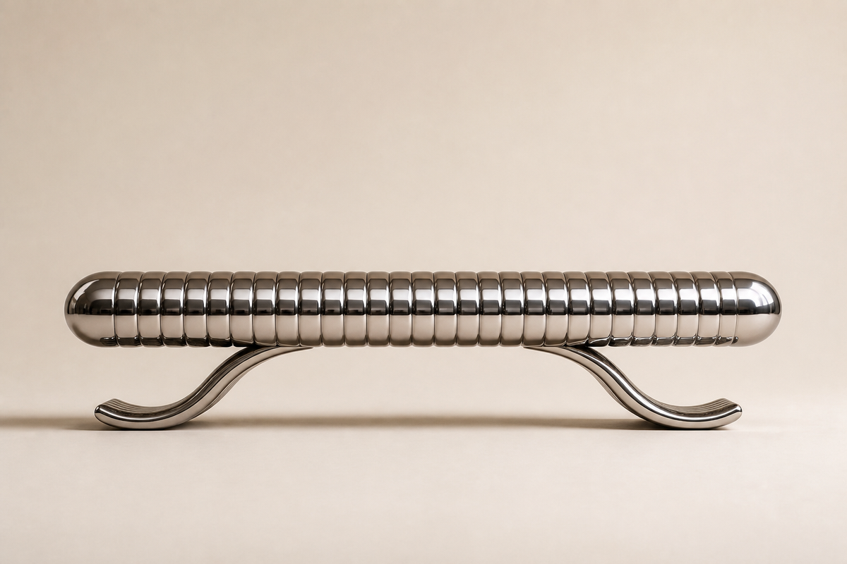 AeroWave Stainless Steel Bench, studio view of the whole piece