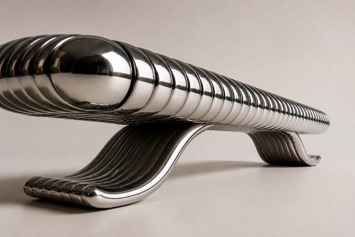 AeroWave Stainless Steel Bench, three-quarter studio view showing its profile