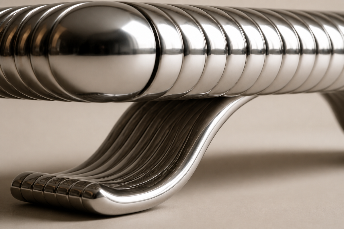 AeroWave Stainless Steel Bench, close studio detail of the surface and material