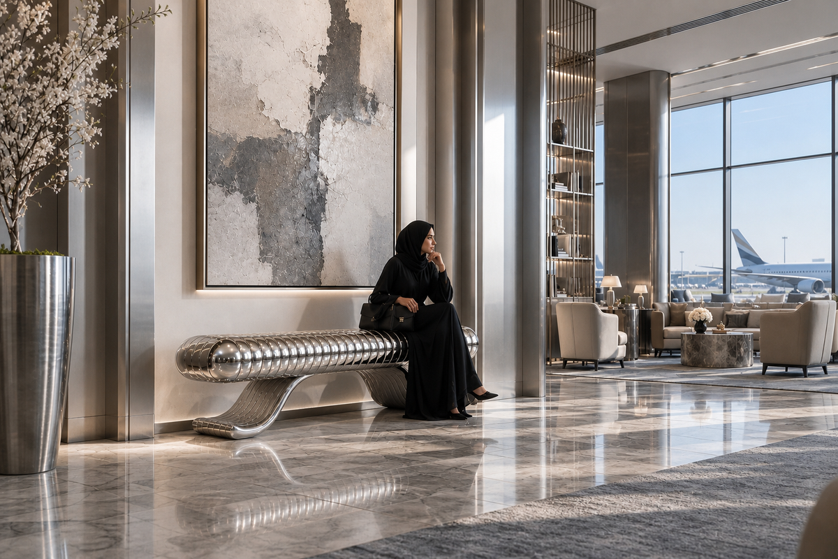 AeroWave Stainless Steel Bench, shown in a room setting, at full scale