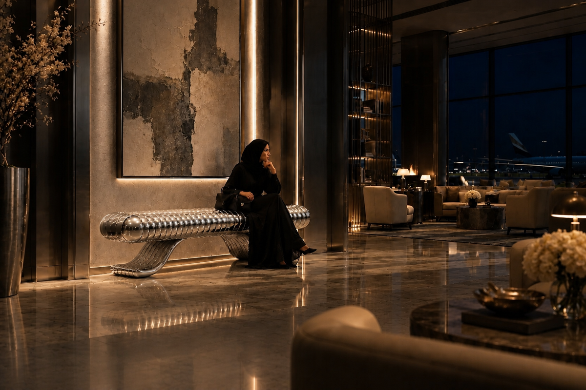 AeroWave Stainless Steel Bench, in a room setting under evening light