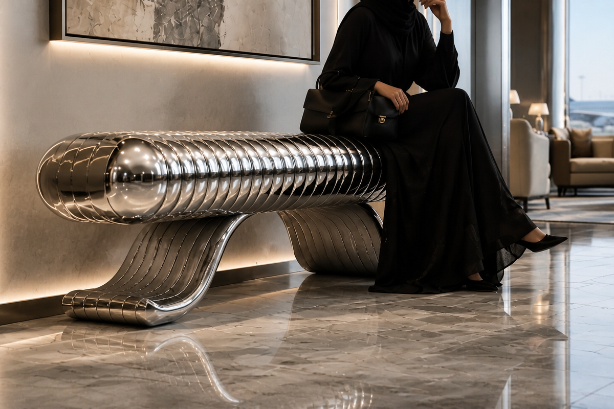 AeroWave Stainless Steel Bench, close view of the form in its setting