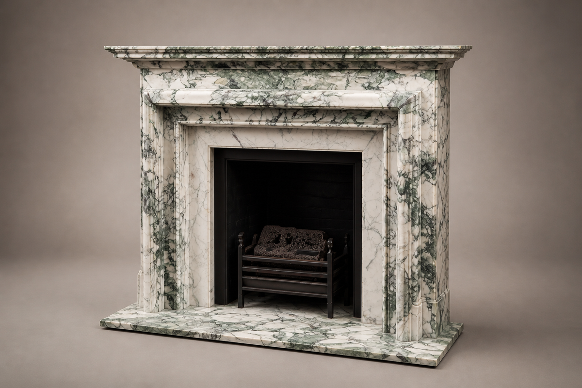 Alameda calacatta fireplace, studio view of the whole piece