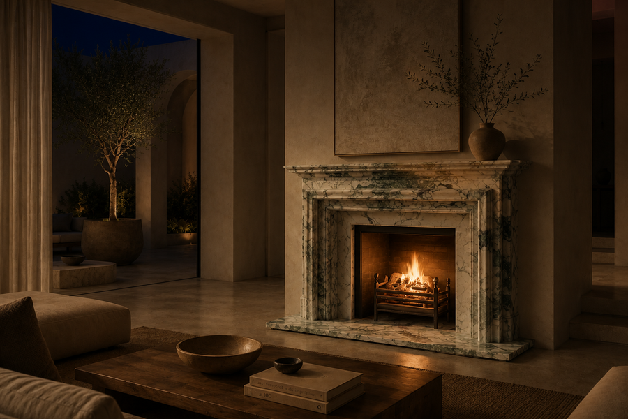 Alameda calacatta fireplace, in a room setting under evening light