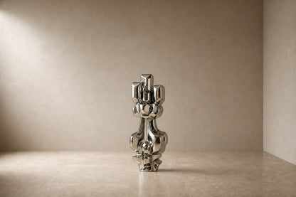 Mirror-polished stainless steel sculpture Alkaid, a column of stacked interlocking blocks, on a white marble cube plinth.