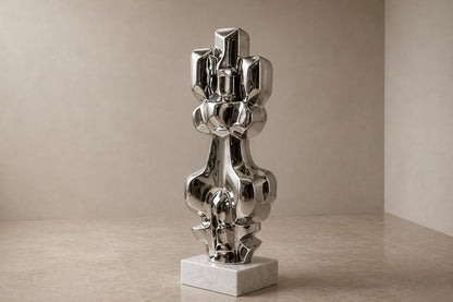 Mirror-polished stainless steel sculpture Alkaid, a column of stacked interlocking blocks, on a white marble cube plinth.