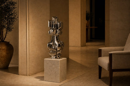 Mirror-polished stainless steel sculpture Alkaid, a column of stacked interlocking blocks, on a white marble cube plinth.