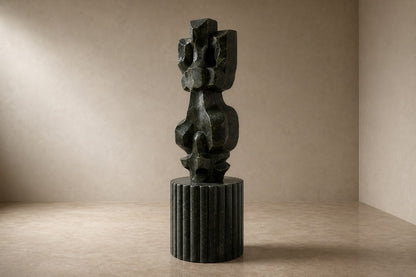 Deep green marble sculpture Almach, a column of stacked interlocking carved blocks on a fluted green marble drum plinth.