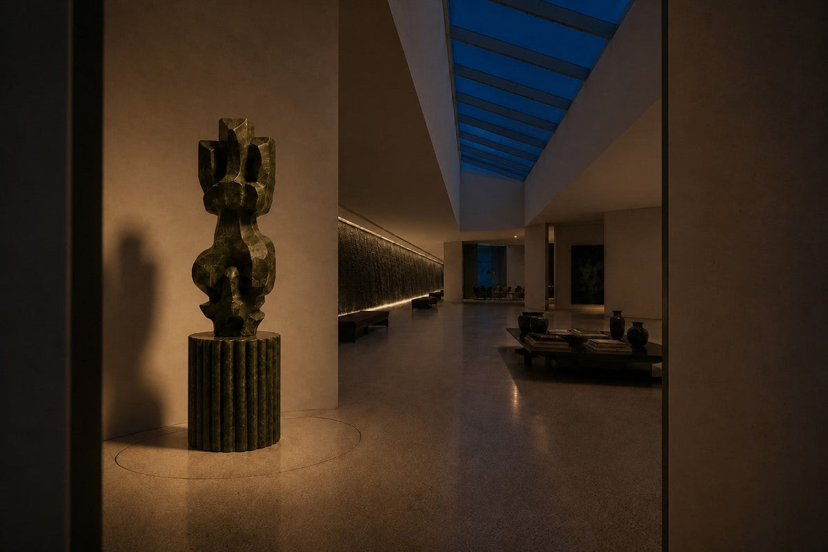 Deep green marble sculpture Almach, a column of stacked interlocking carved blocks on a fluted green marble drum plinth.