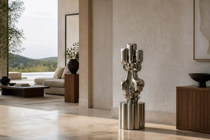 Brushed stainless steel sculpture Alphard, a column of stacked interlocking blocks, on a fluted brushed steel drum plinth.