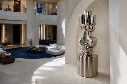 Brushed stainless steel sculpture Alphard, a column of stacked interlocking blocks, on a fluted brushed steel drum plinth.