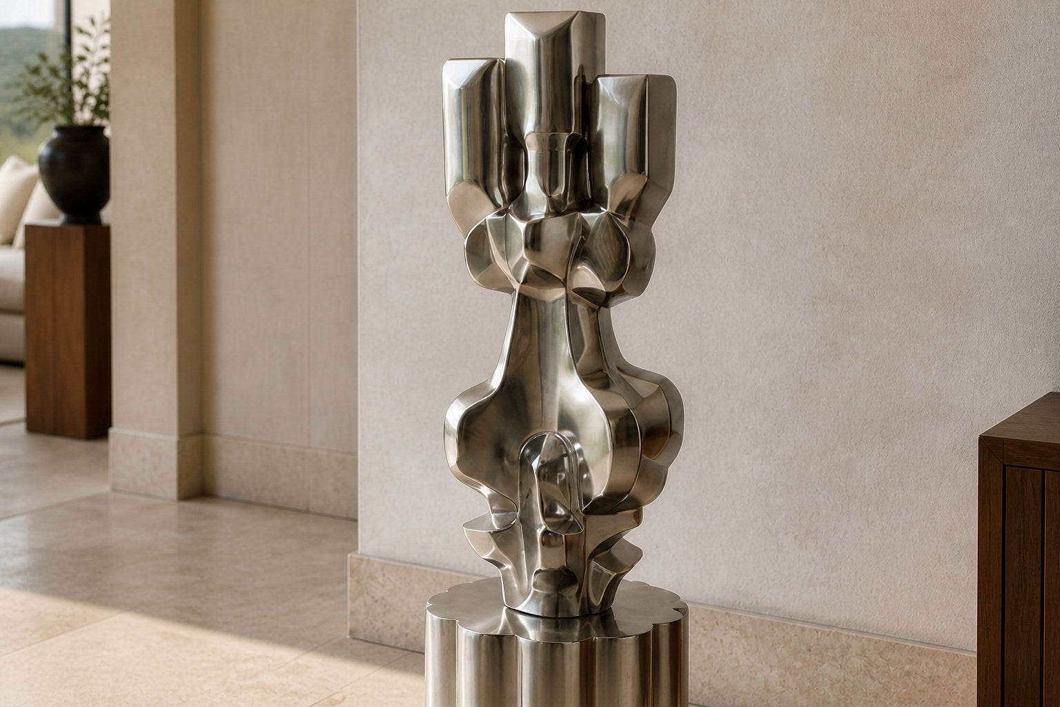 Brushed stainless steel sculpture Alphard, a column of stacked interlocking blocks, on a fluted brushed steel drum plinth.