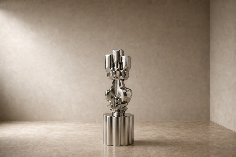 Brushed stainless steel sculpture Alphard, a column of stacked interlocking blocks, on a fluted brushed steel drum plinth.