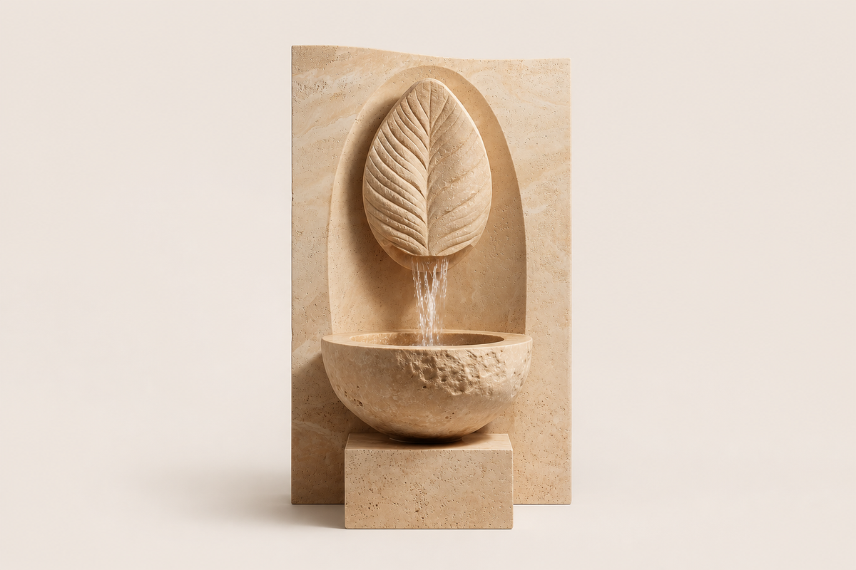 Alveo travertine fountain, close detail of the surface and edge