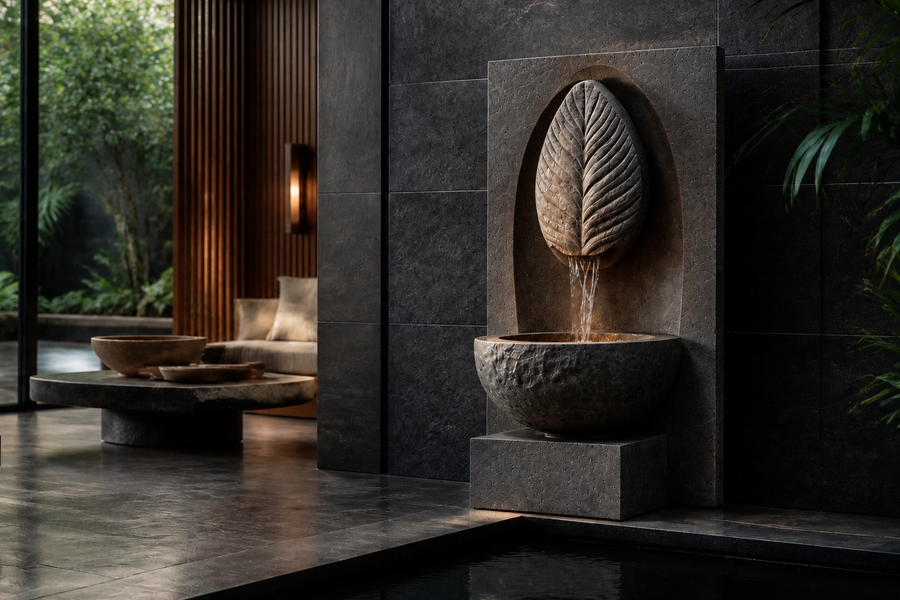 Alveo travertine fountain, installed against a stone wall in a daylit room