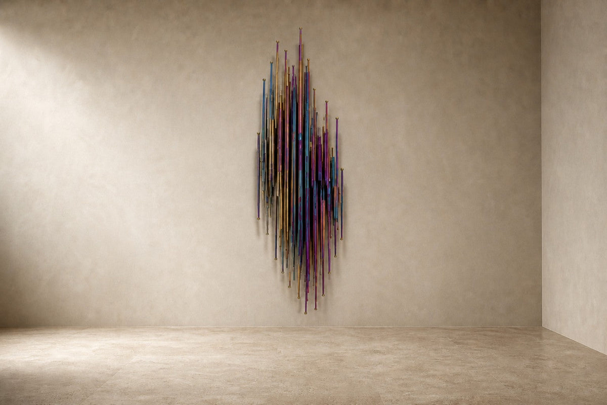 Alwan 150 — 150 cm wall sculpture of iridescent blue stainless steel strands, studio view of the whole piece