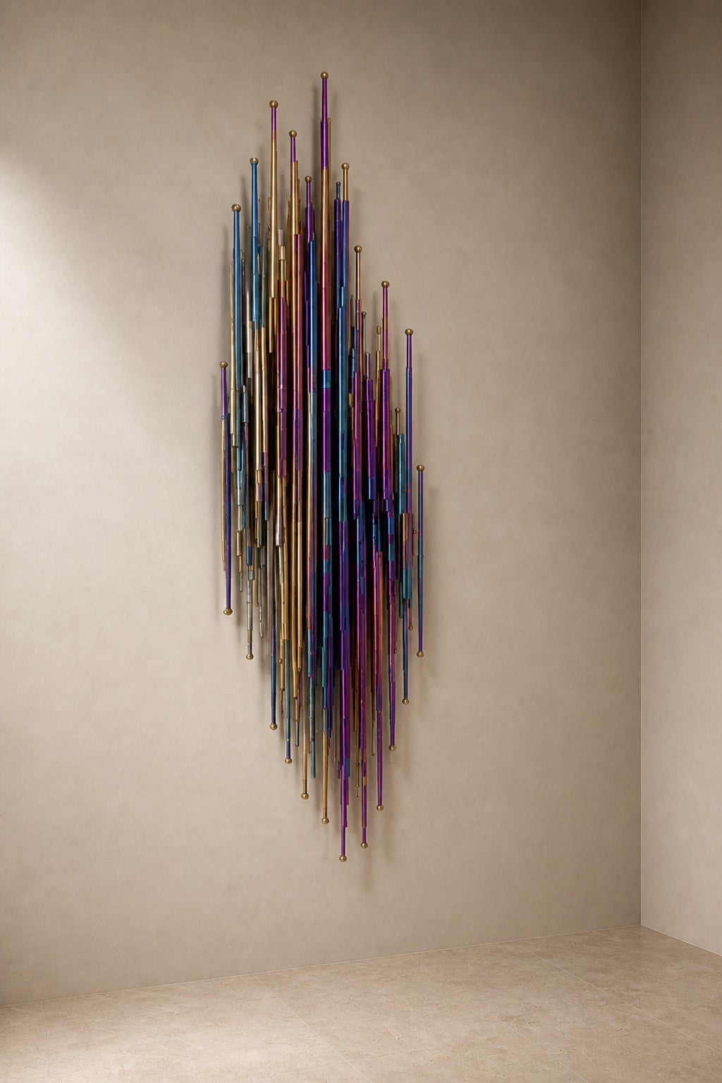 Alwan 150 — 150 cm wall sculpture of iridescent blue stainless steel strands, three-quarter studio view showing its profile