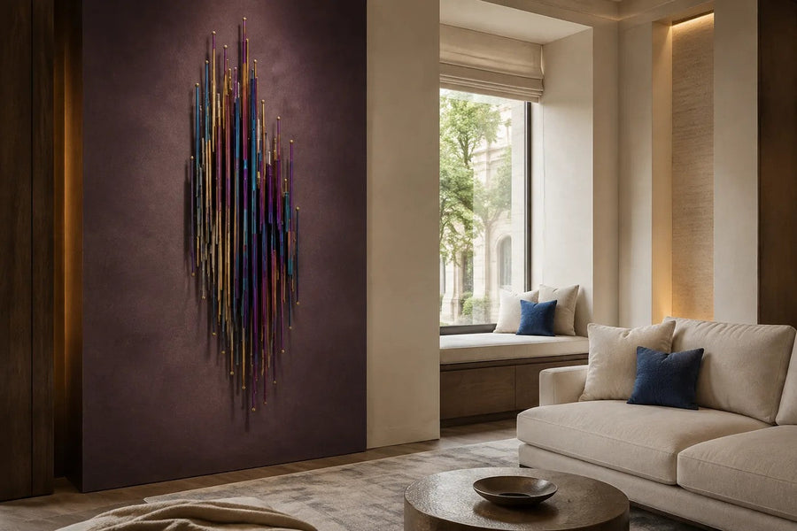 Alwan 150 — 150 cm wall sculpture of iridescent blue stainless steel strands, placed in a furnished room