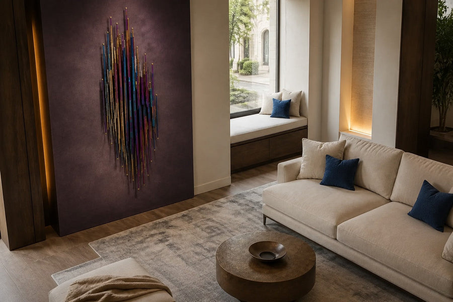 Alwan 150 — 150 cm wall sculpture of iridescent blue stainless steel strands, seen from above in the room