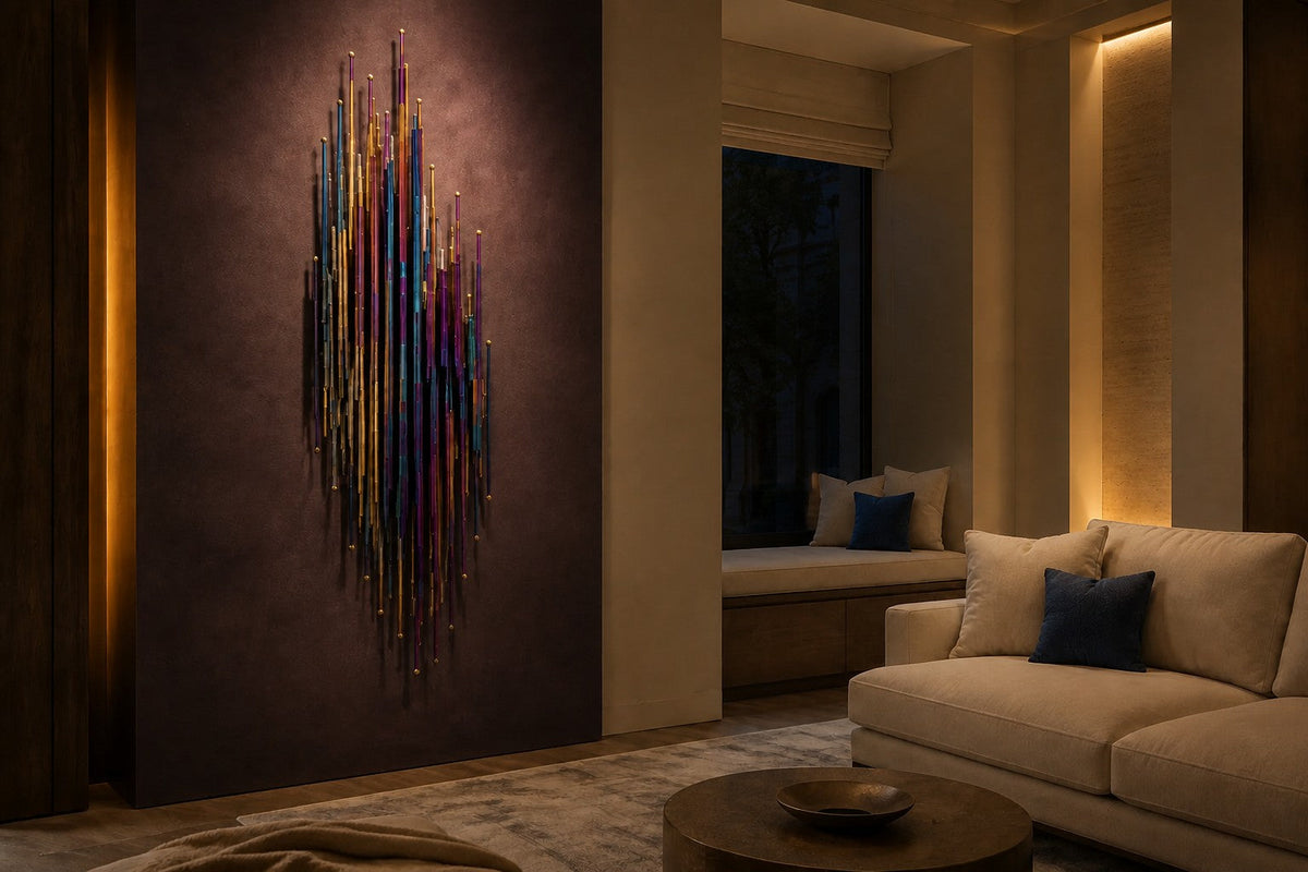 Alwan 150 — 150 cm wall sculpture of iridescent blue stainless steel strands, the same room at night, lamps on