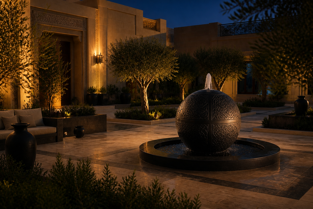 Alya stone sphere fountain, shown at dusk with the water lit