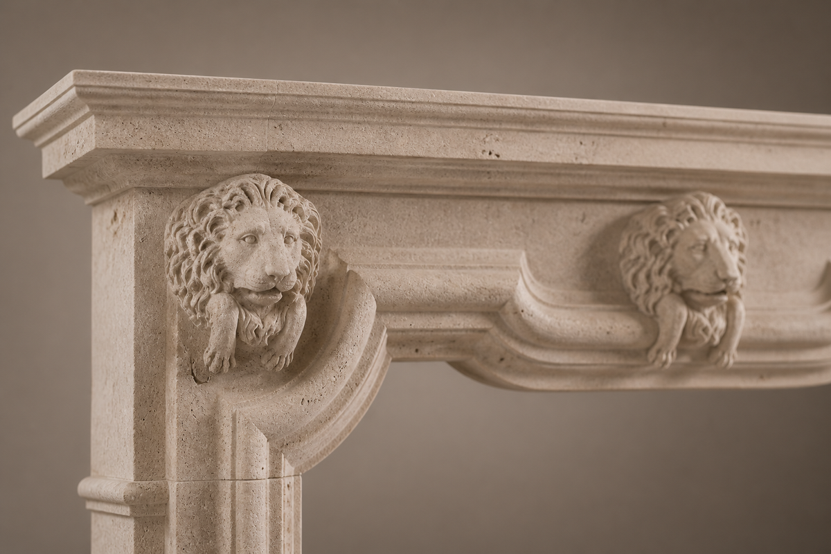 Amal cream fireplace, close studio detail of the surface and material
