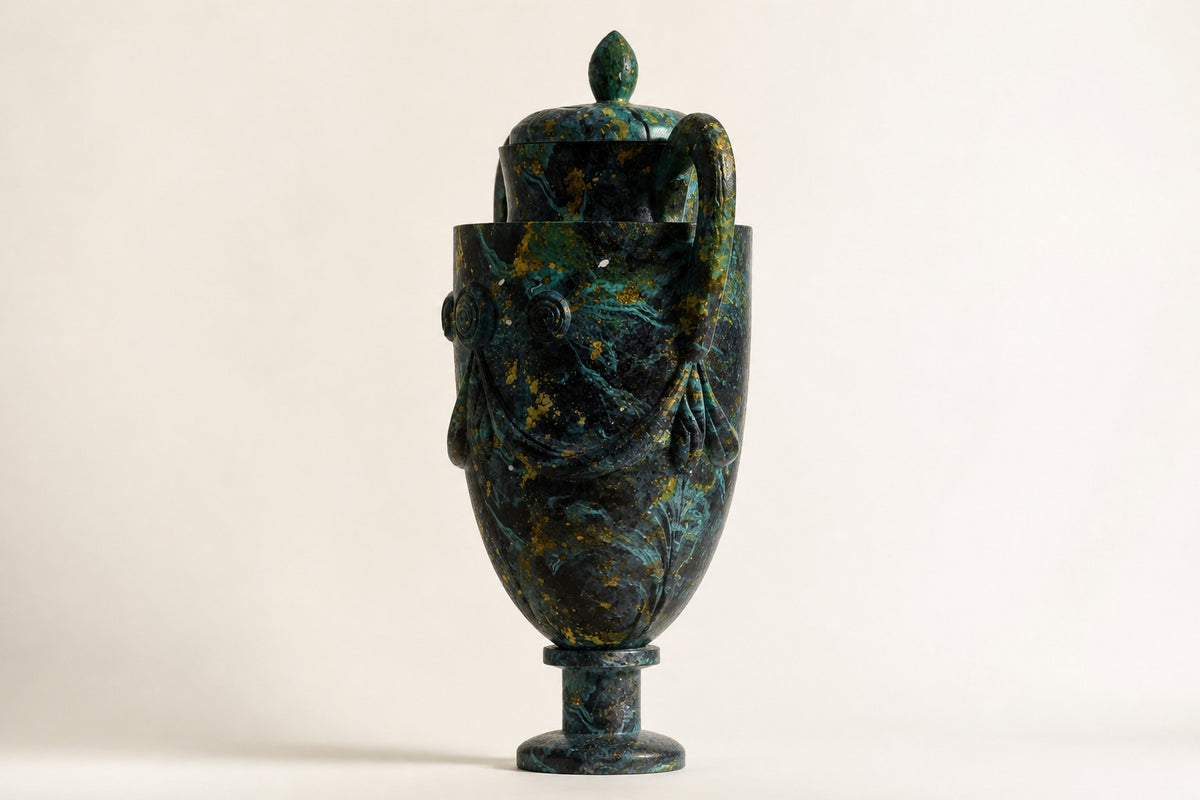 Amphora — 60 cm lidded blue-green urn with handles and gold flecks, three-quarter studio view showing its profile