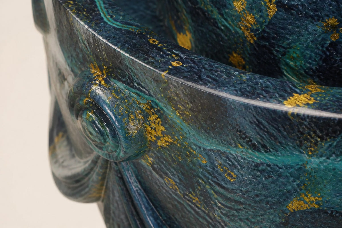 Amphora — 60 cm lidded blue-green urn with handles and gold flecks, close studio detail of the surface and material