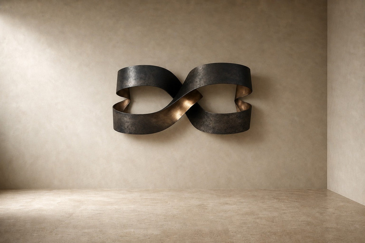 Anello — 140 × 80 cm dark bronze wall sculpture of two linked ribbon loops, studio view of the whole piece