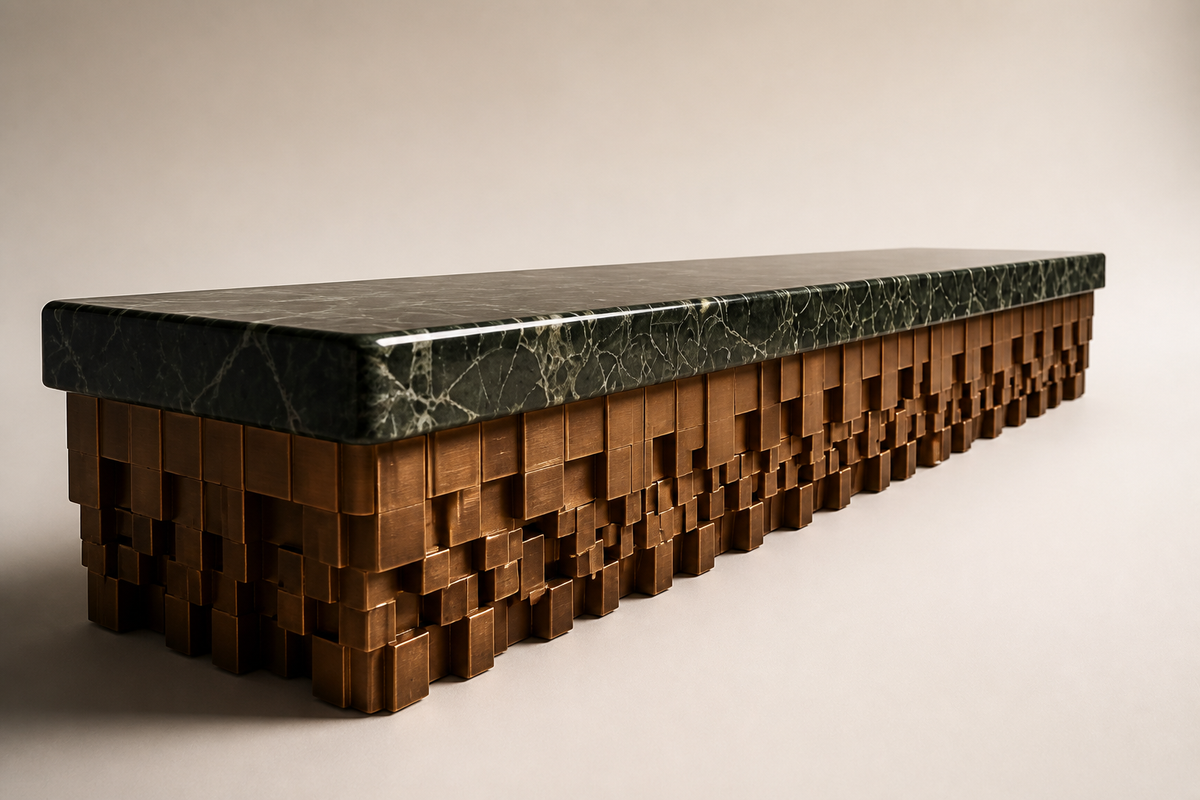 Anisa 180 marble sculptural bench, three-quarter studio view showing its profile