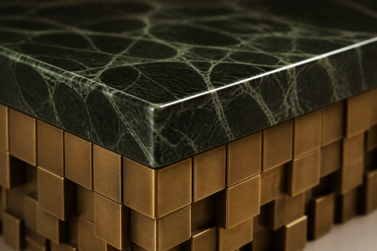 Anisa 180 marble sculptural bench, close studio detail of the surface and material
