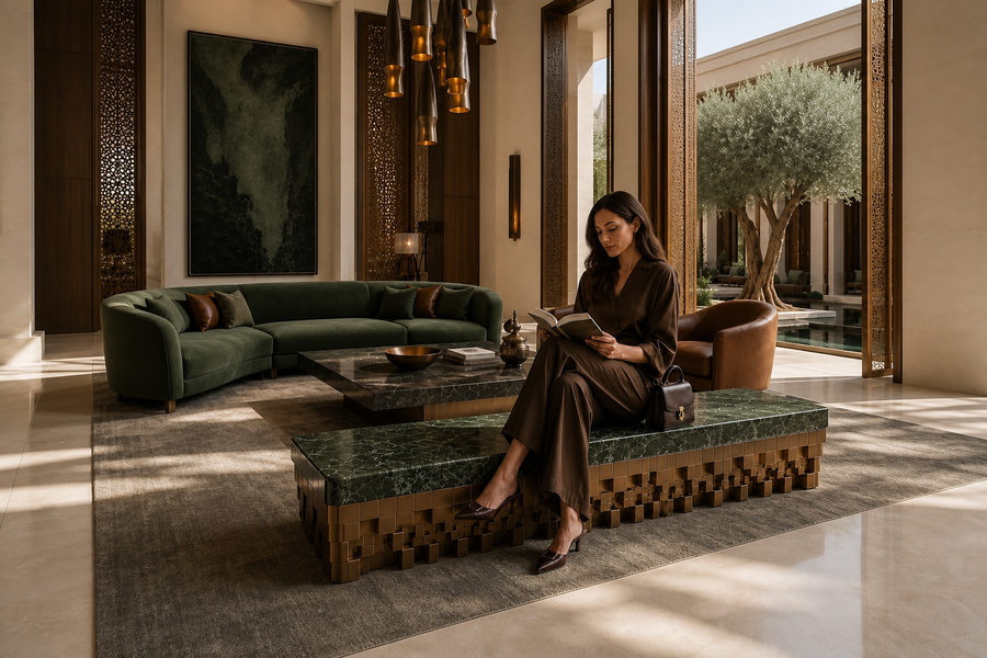 Anisa 180 marble sculptural bench, shown in a room setting, at full scale