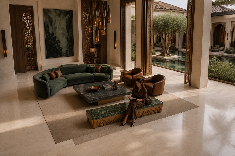 Anisa 180 marble sculptural bench, overhead view in a room setting