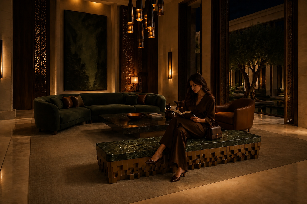 Anisa 180 marble sculptural bench, in a room setting under evening light