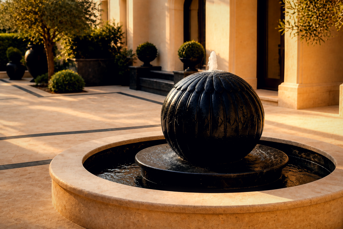 Antares stone sphere fountain, shown in a furnished interior setting
