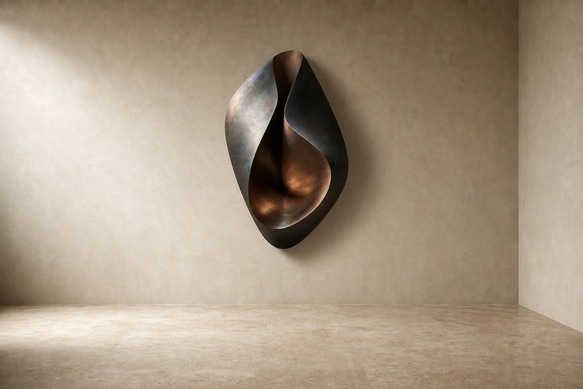 Apertura — 100 × 140 cm dark bronze wall sculpture of a folded leaf opening to a polished interior, studio view of the whole piece