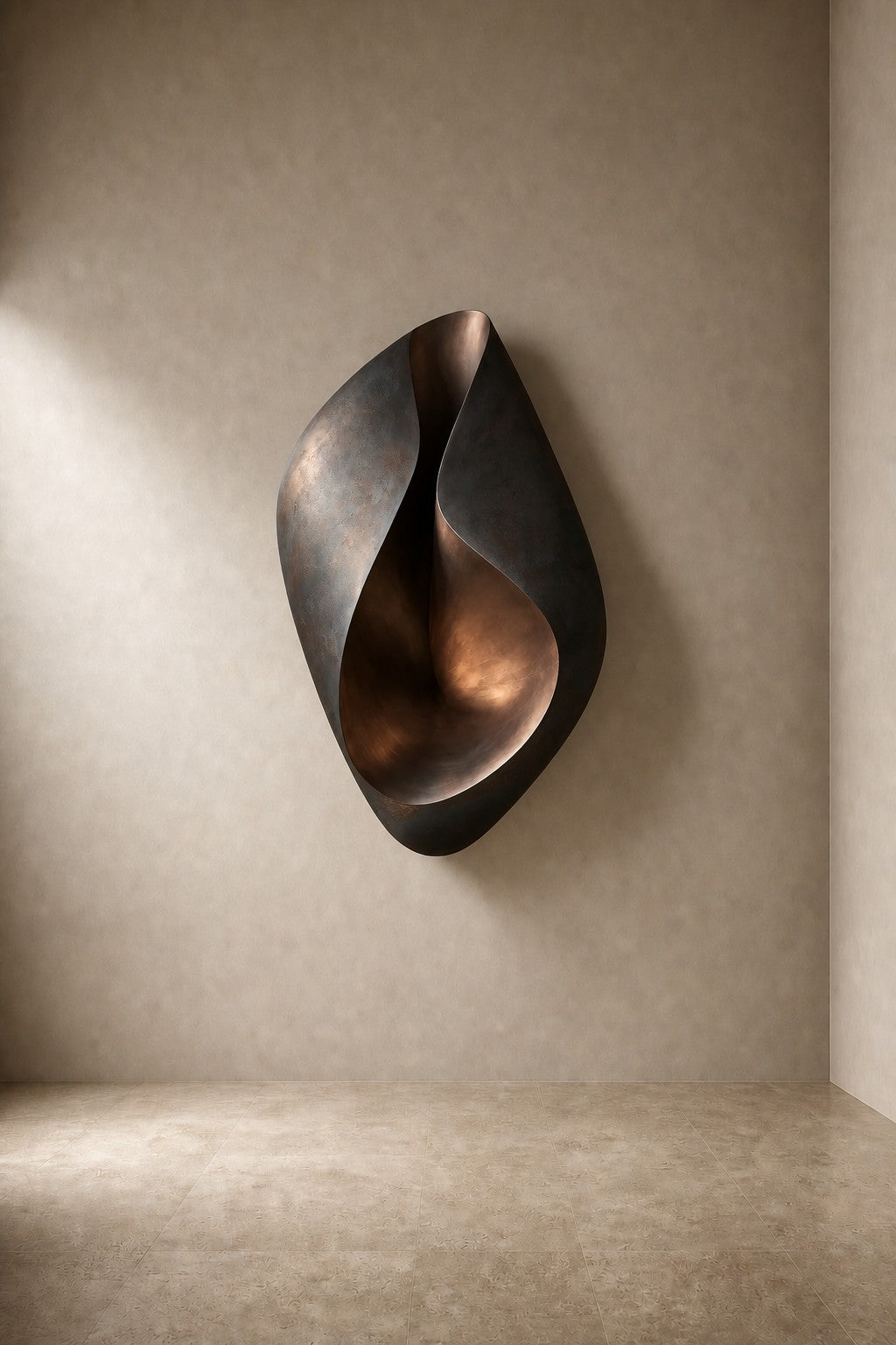 Apertura — 100 × 140 cm dark bronze wall sculpture of a folded leaf opening to a polished interior, three-quarter studio view showing its profile