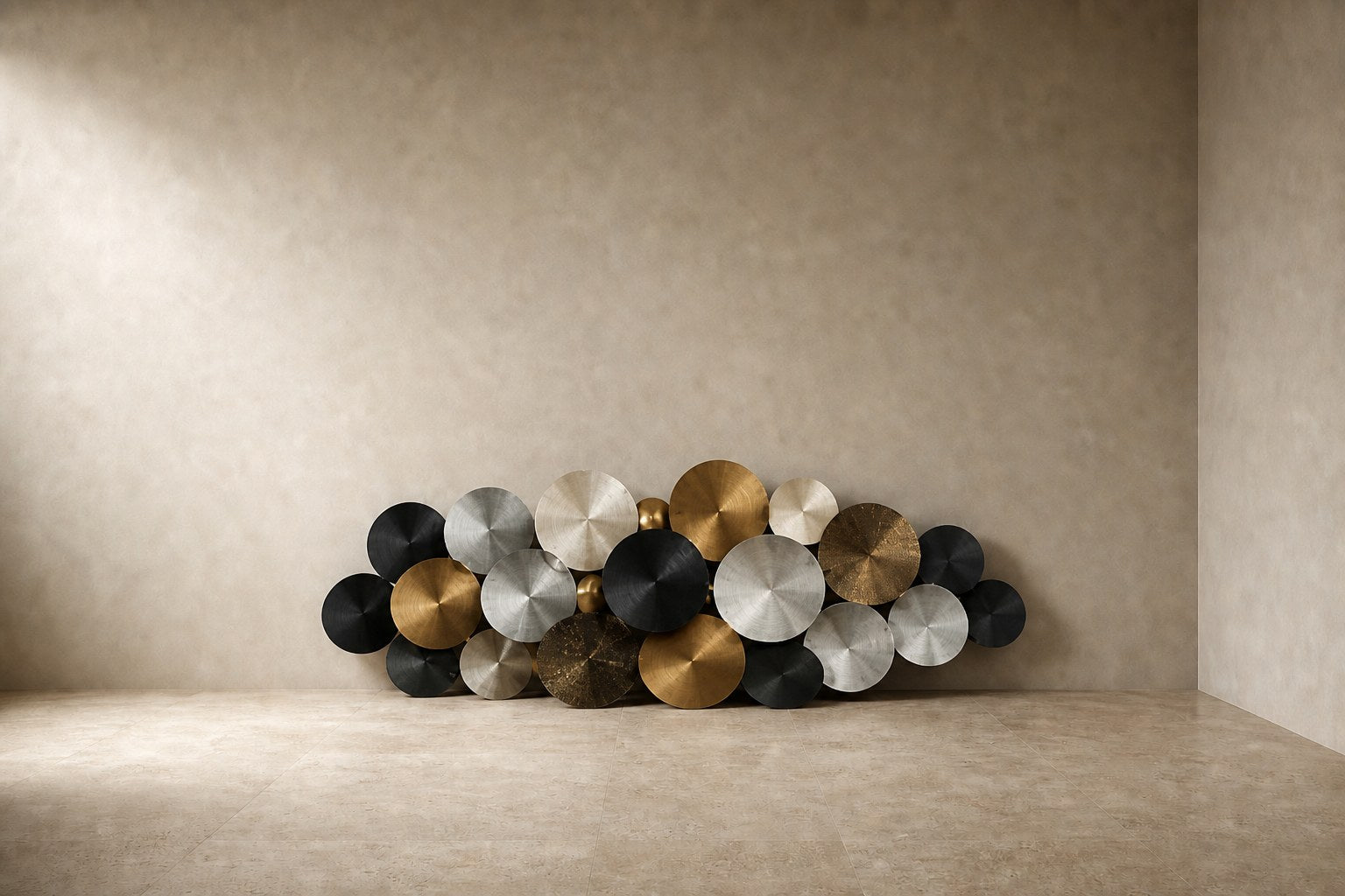Cluster of overlapping spun discs in black, brass and pewter finishes on a plaster wall.