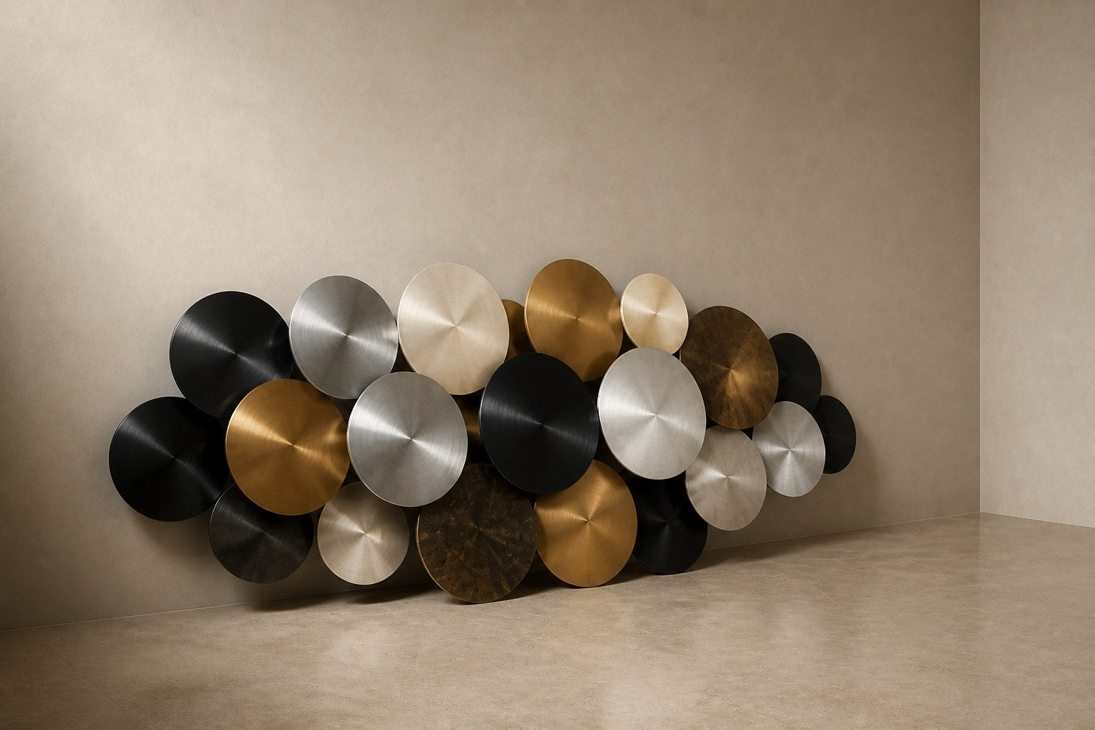 Cluster of overlapping spun discs in black, brass and pewter finishes on a plaster wall.