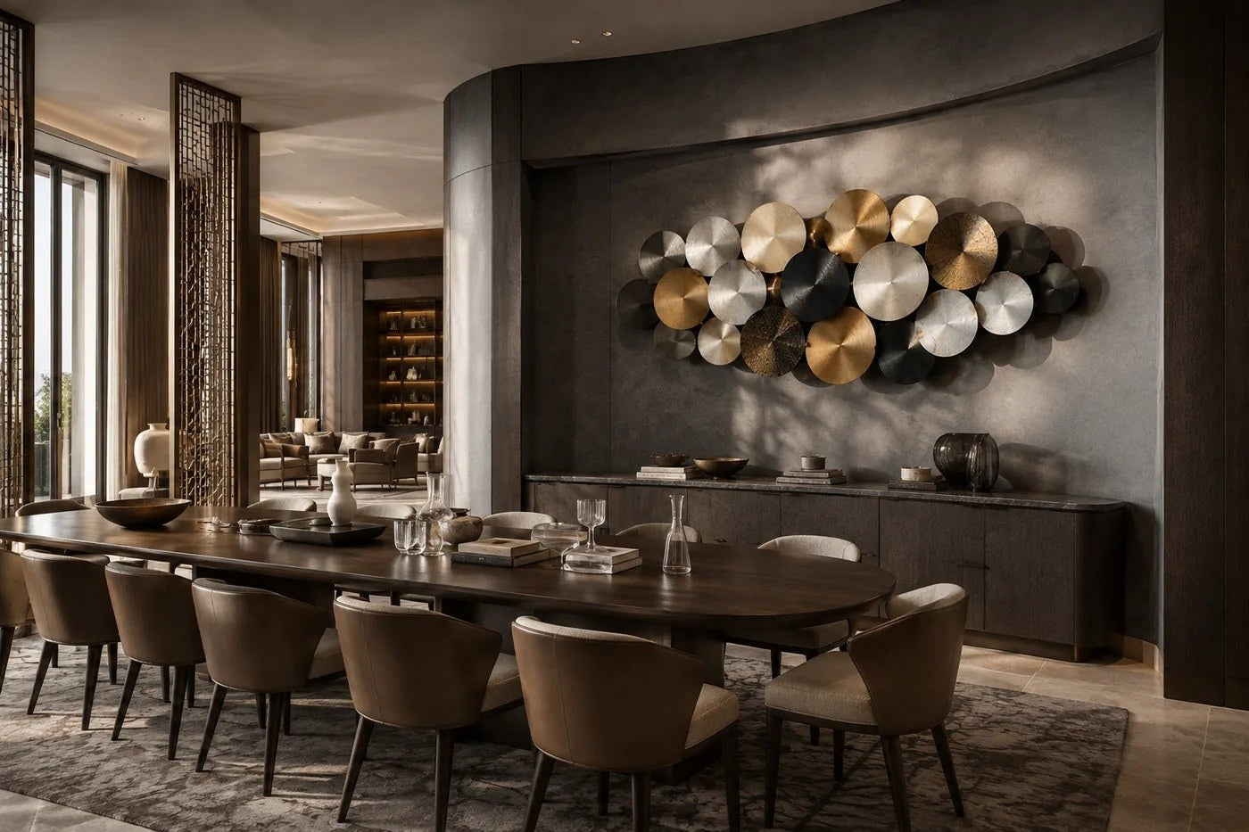 Cluster of overlapping spun discs in black, brass and pewter finishes on a plaster wall.