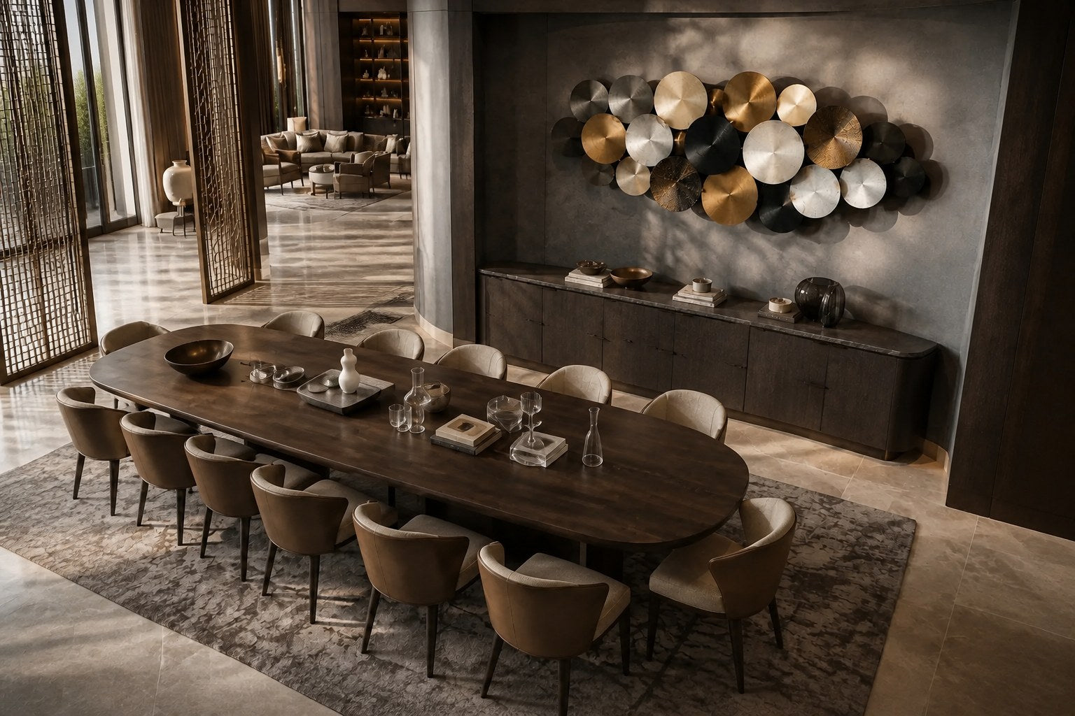 Cluster of overlapping spun discs in black, brass and pewter finishes on a plaster wall.